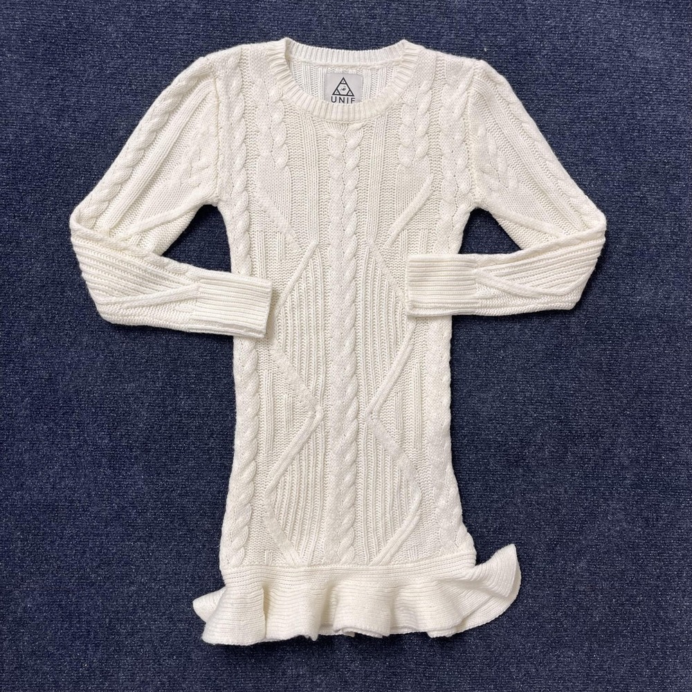 UNIF Sweater Dress Womens Small White Cable Knit Ruffle Hem Mini‎ Bodycon
